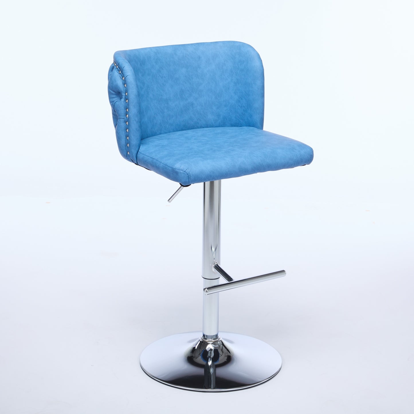 Blue faux leather bar stool with chrome base and silver nailhead trim