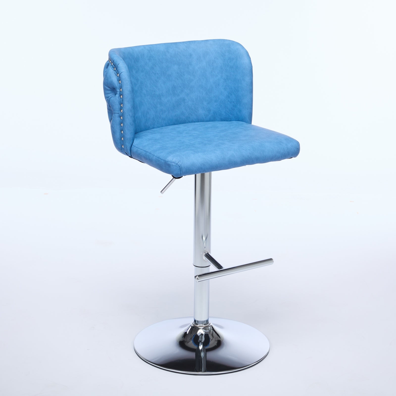 Blue faux leather bar stool with chrome base and silver nailhead trim