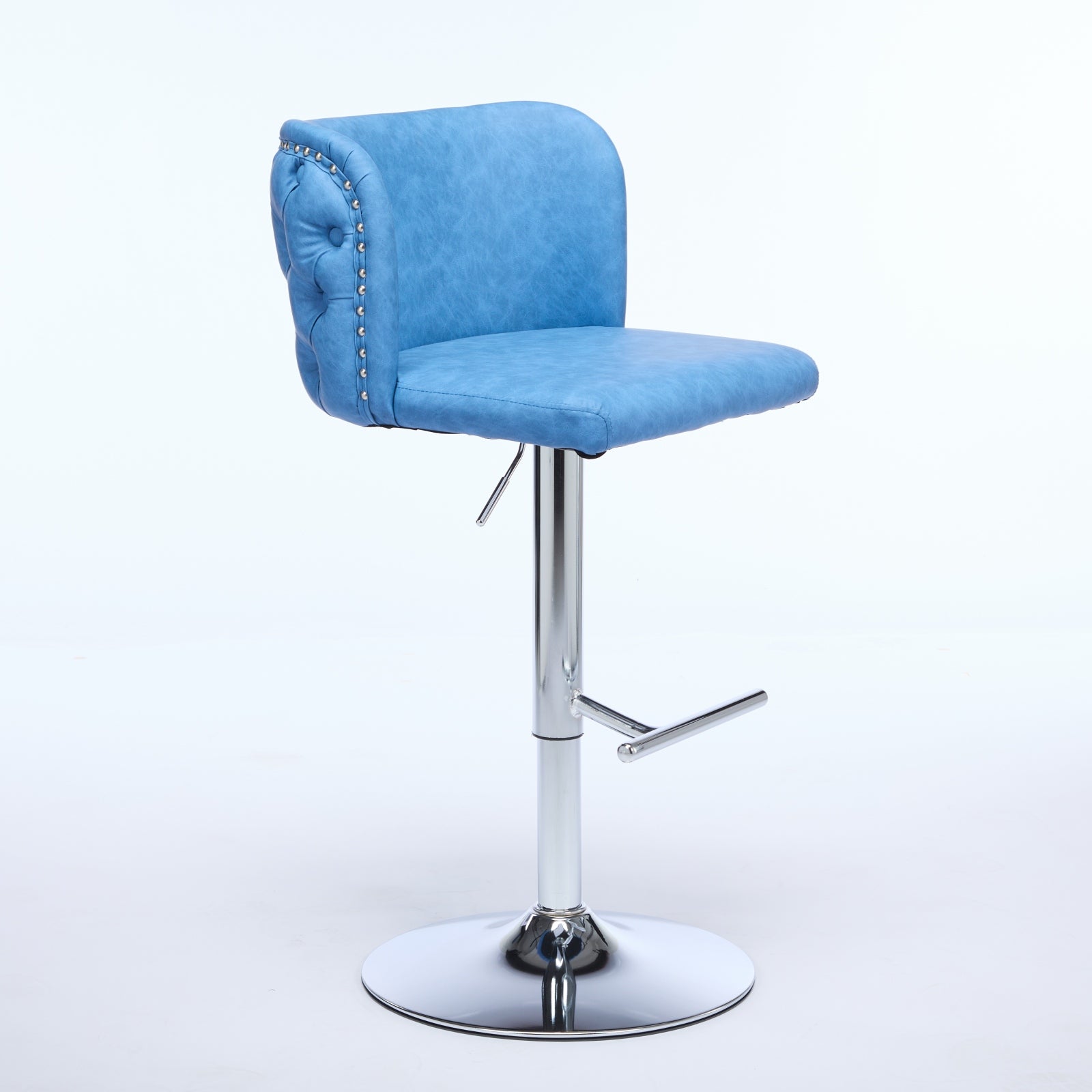Light blue tufted faux leather bar stool with chrome base and adjustable height