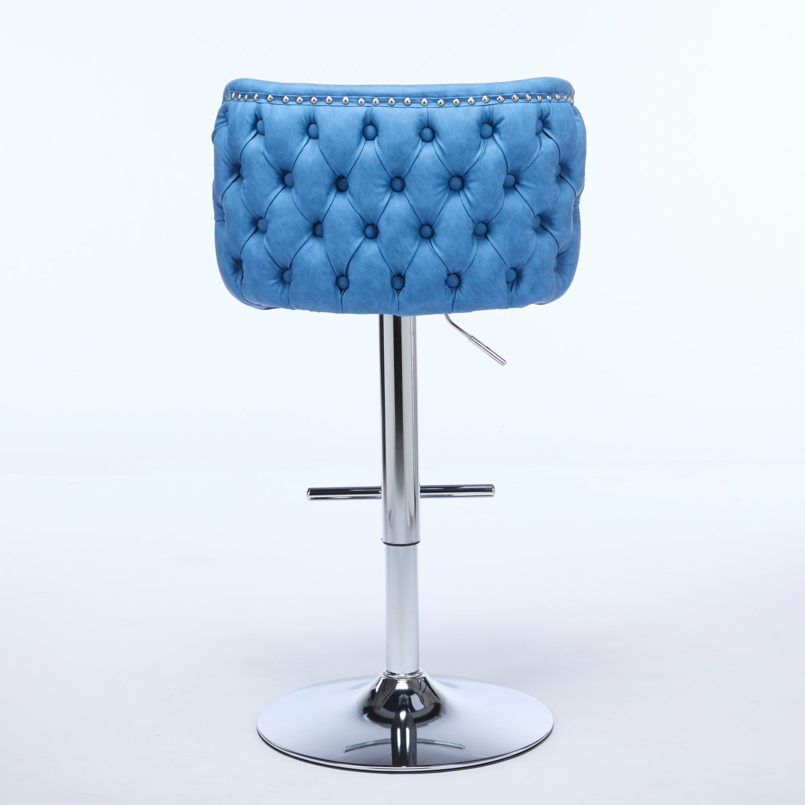 Blue tufted velvet bar stool with chrome base