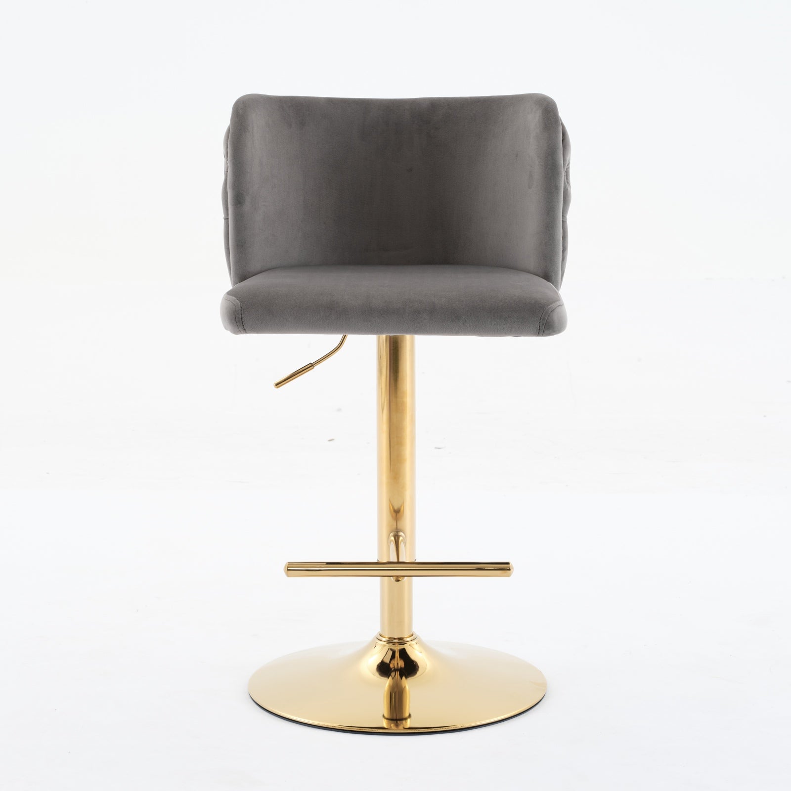 Grey velvet bar stool with gold adjustable base and footrest