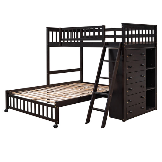 Dark brown twin over twin loft bed with integrated dresser and ladder