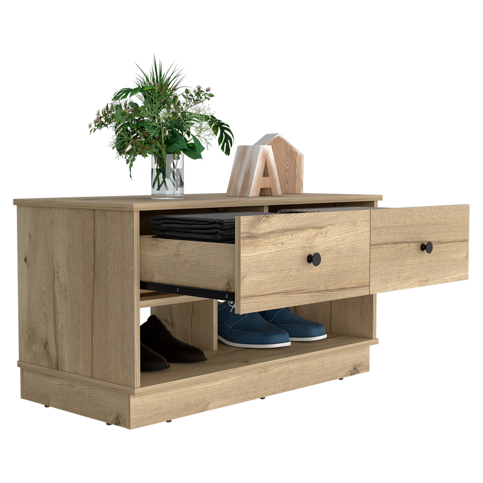 Modern oak veneer entryway bench with storage drawer and open shelves for shoes