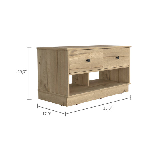Rustic oak TV stand with two drawers and open shelving