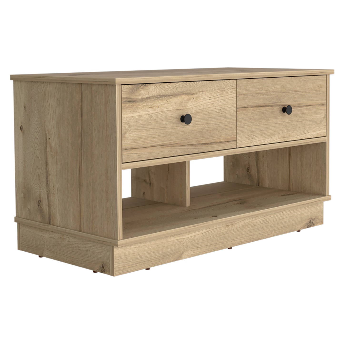 Modern light oak tv stand with two drawers and open shelving