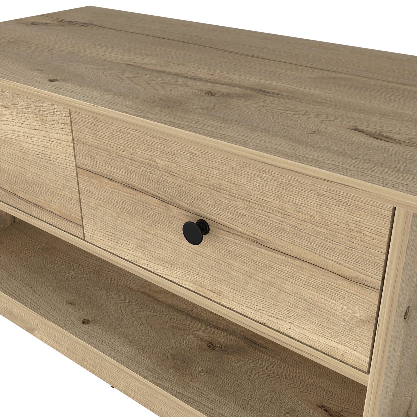 Light oak wood TV stand with one black knob drawer
