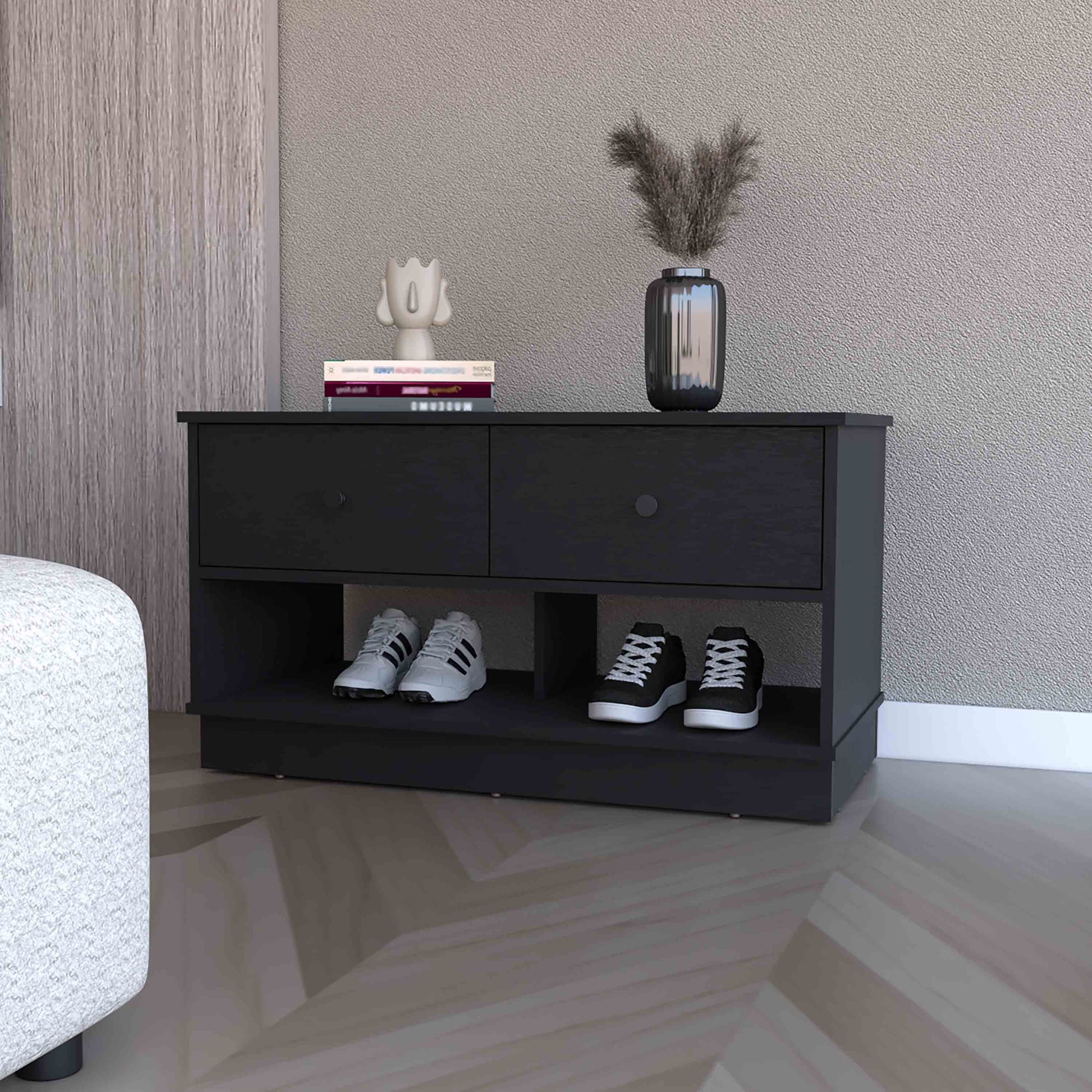 Black entryway shoe cabinet with two drawers and open shelving
