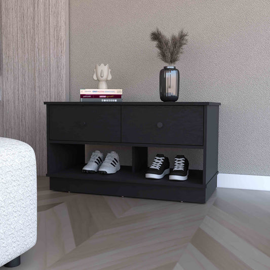 Black entryway shoe cabinet with two drawers and open shelving