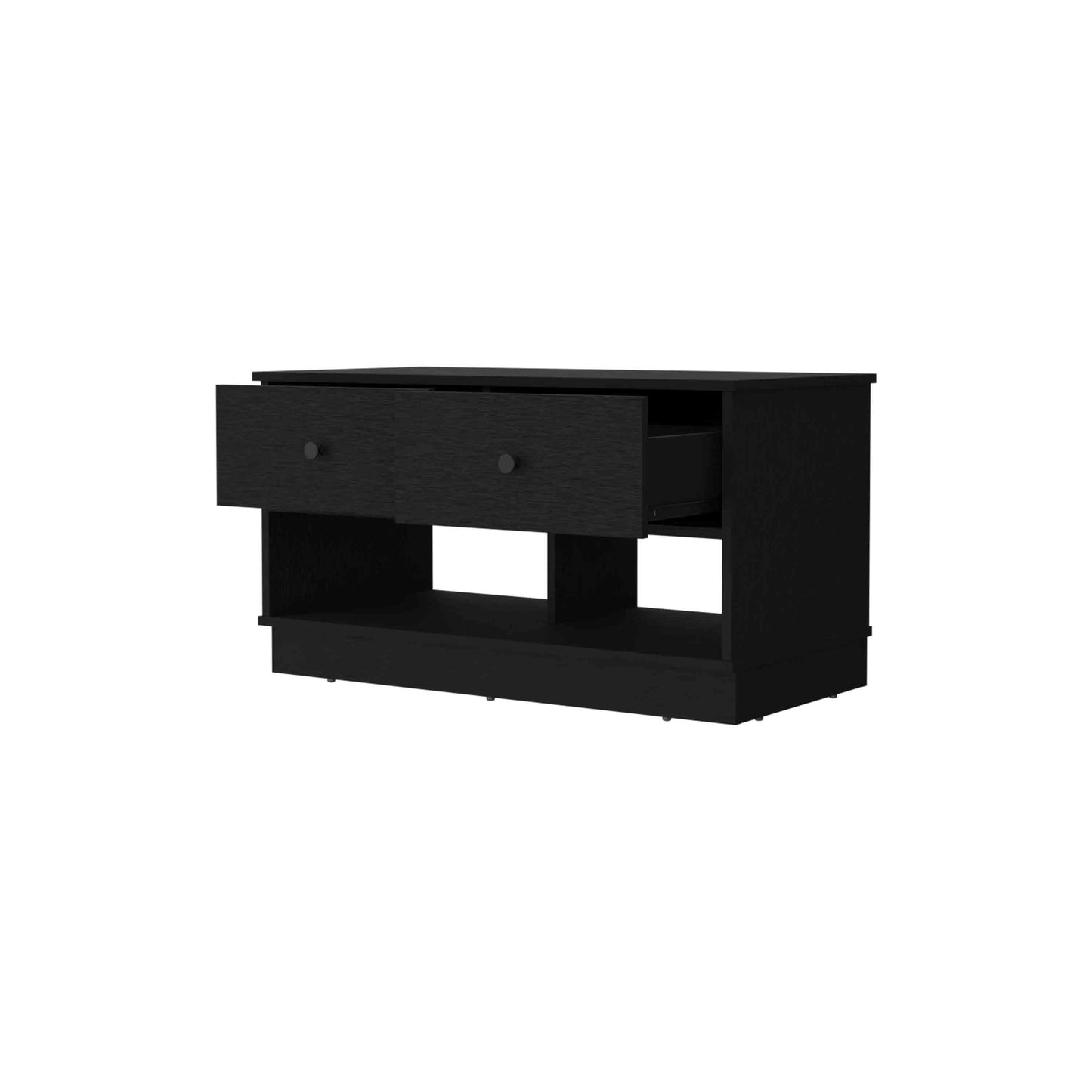 Modern black low media console with open shelving and one drawer
