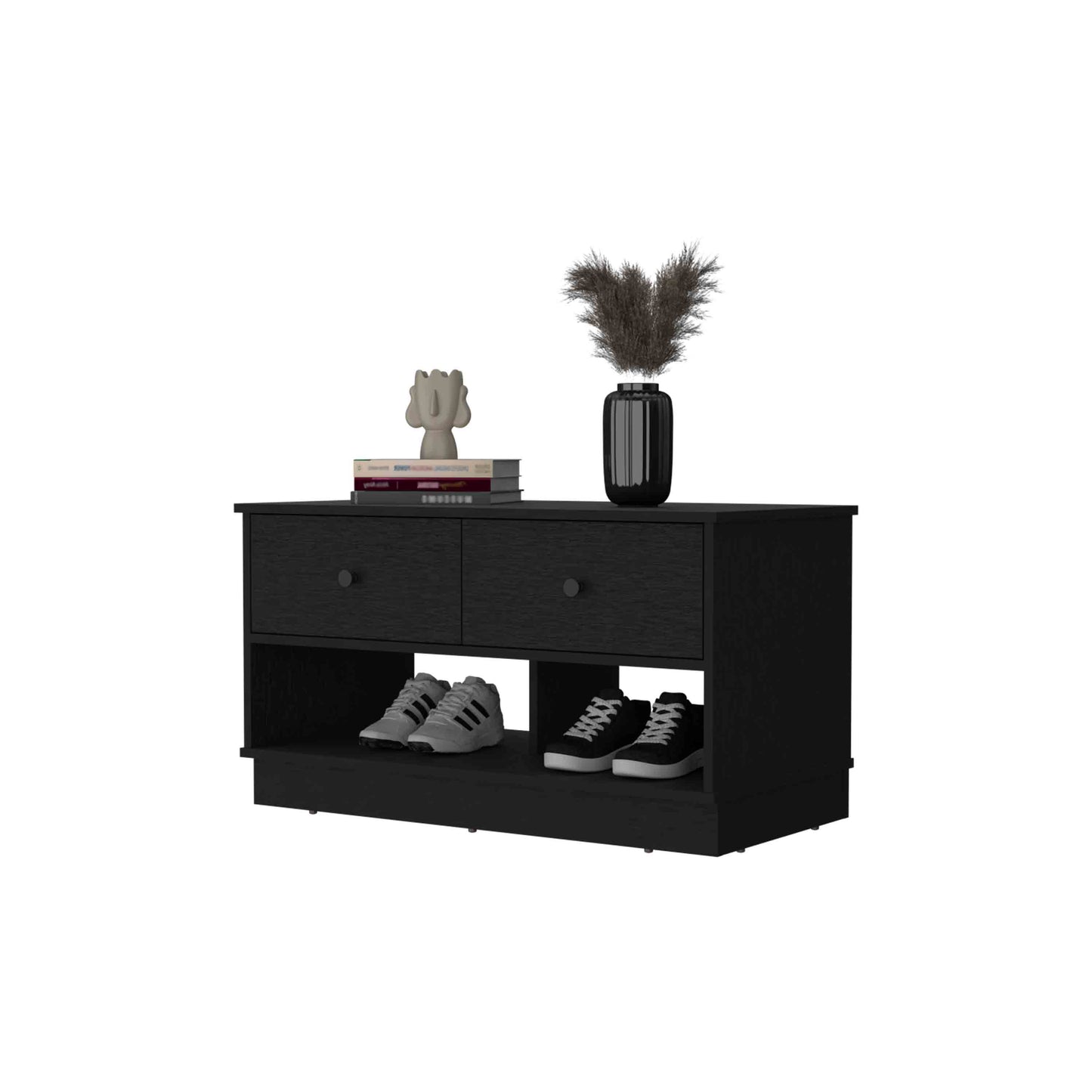 Black wood shoe cabinet with two drawers and open shelving