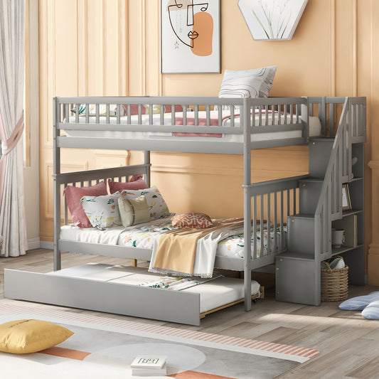 Gray wooden bunk bed with pullout trundle and stairs