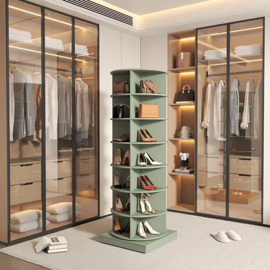 Green rotating shoe rack filled with designer high heels