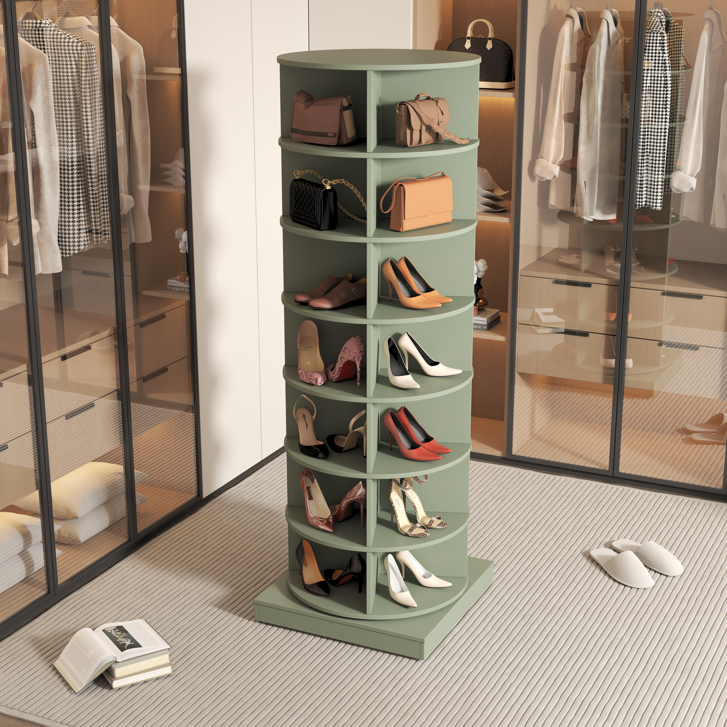 Sage green rotating shoe rack with various heels