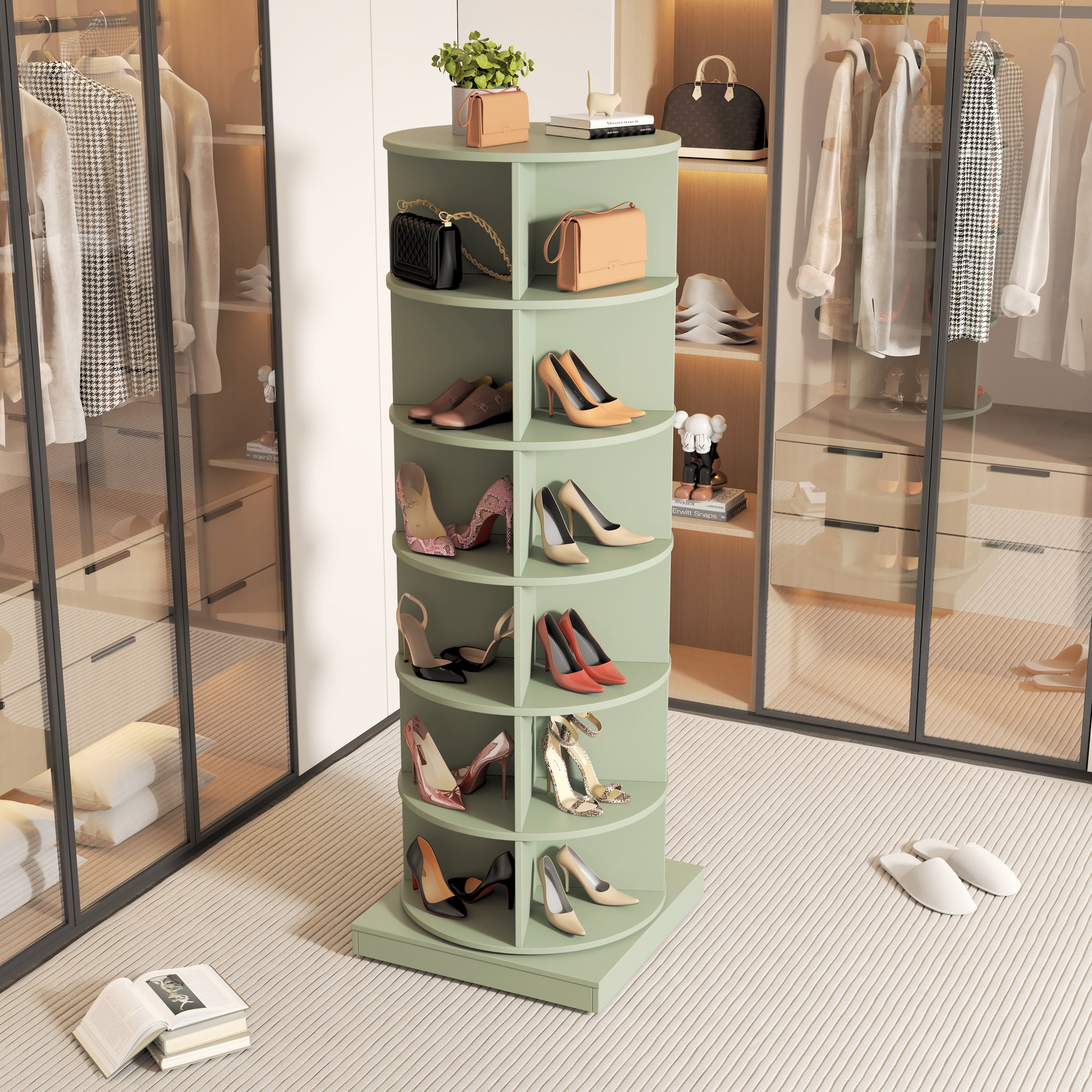Sage green rotating shoe rack displaying various heels