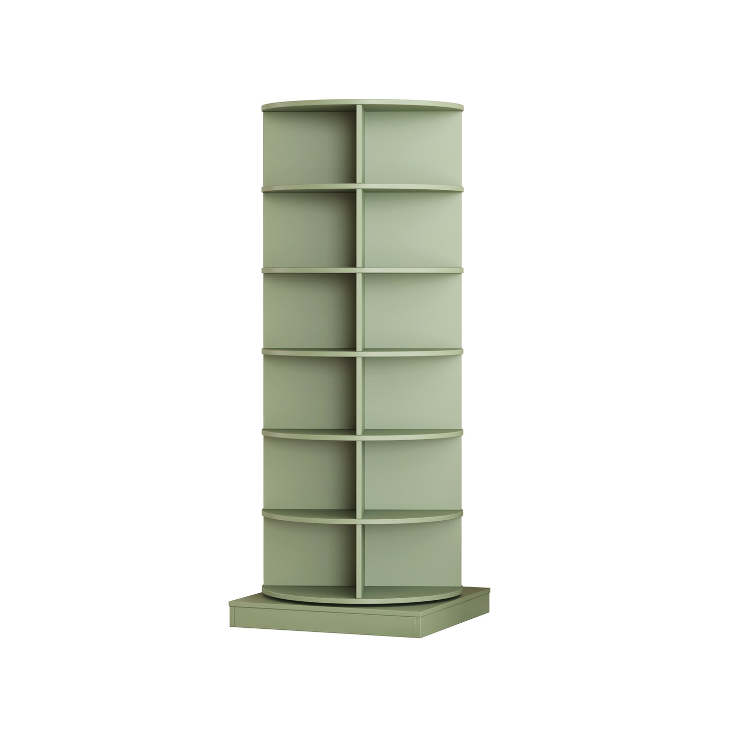 Tall sage green corner shelving unit with seven curved shelves