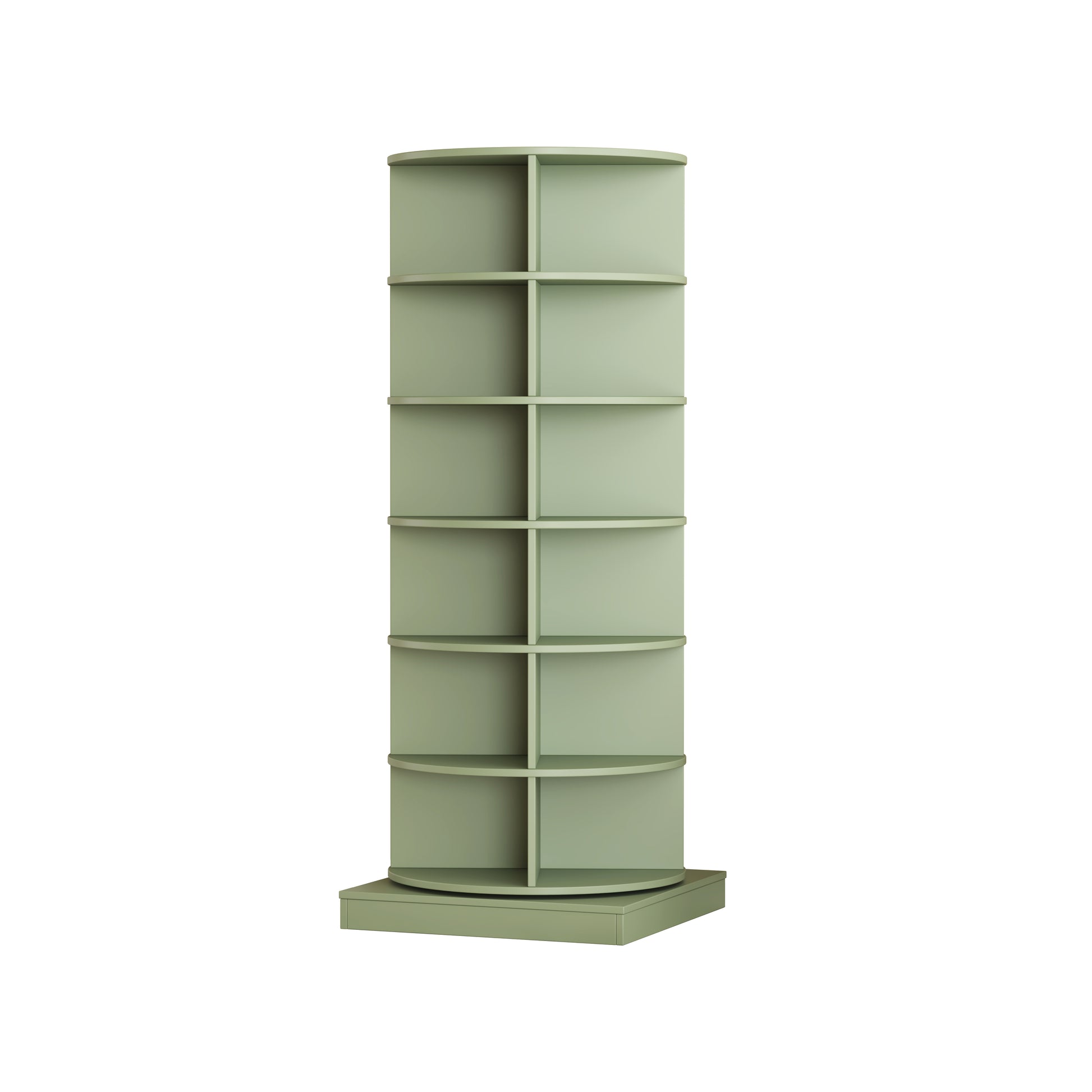 Tall sage green corner shelving unit with seven curved shelves