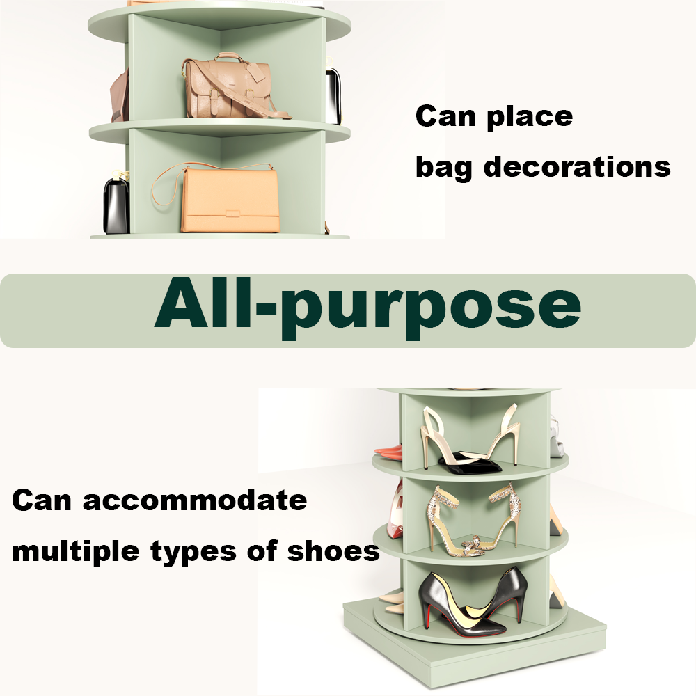 Mint green rotating shelf displaying two tan handbags and black bottles