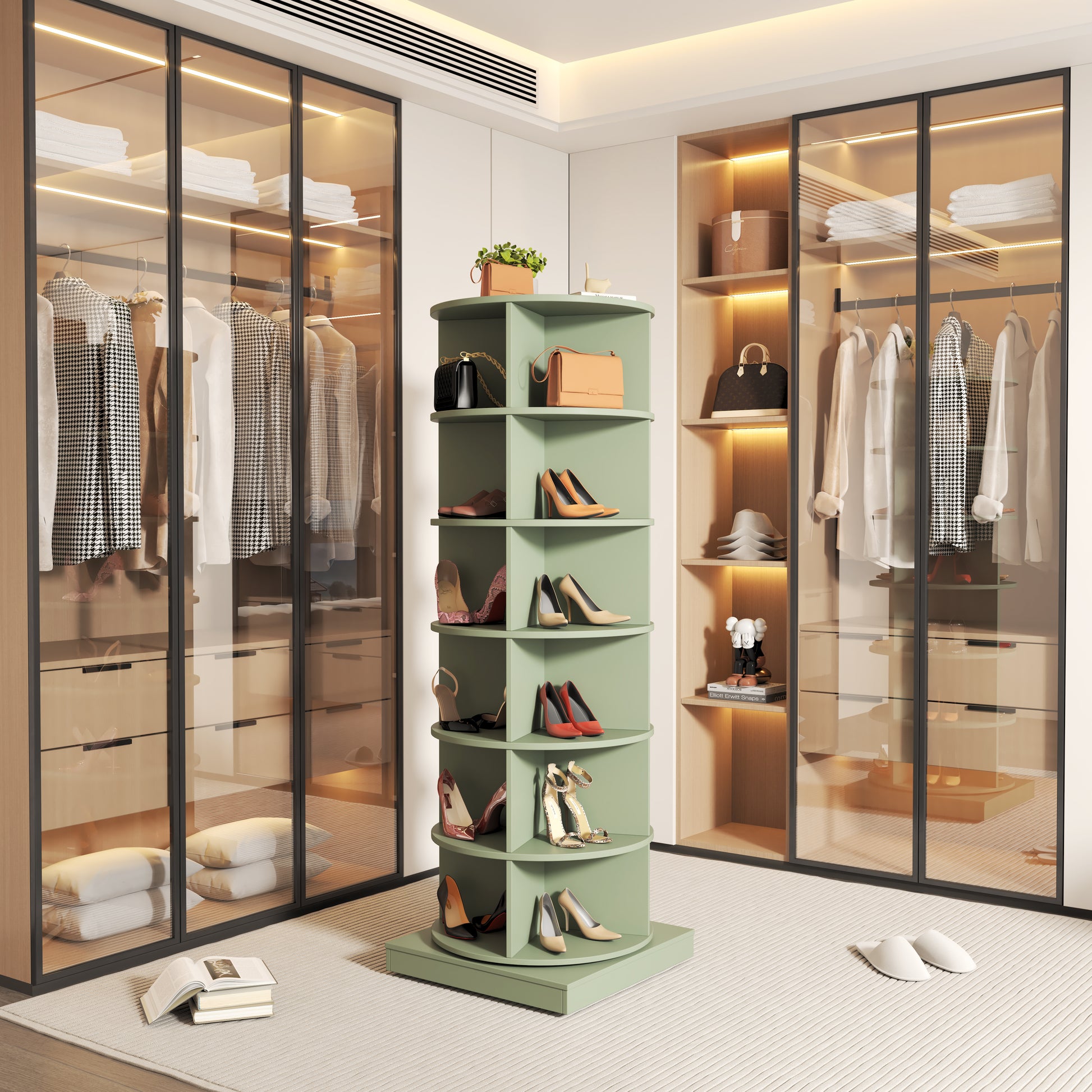 Tan leather high heels on a green shoe rack