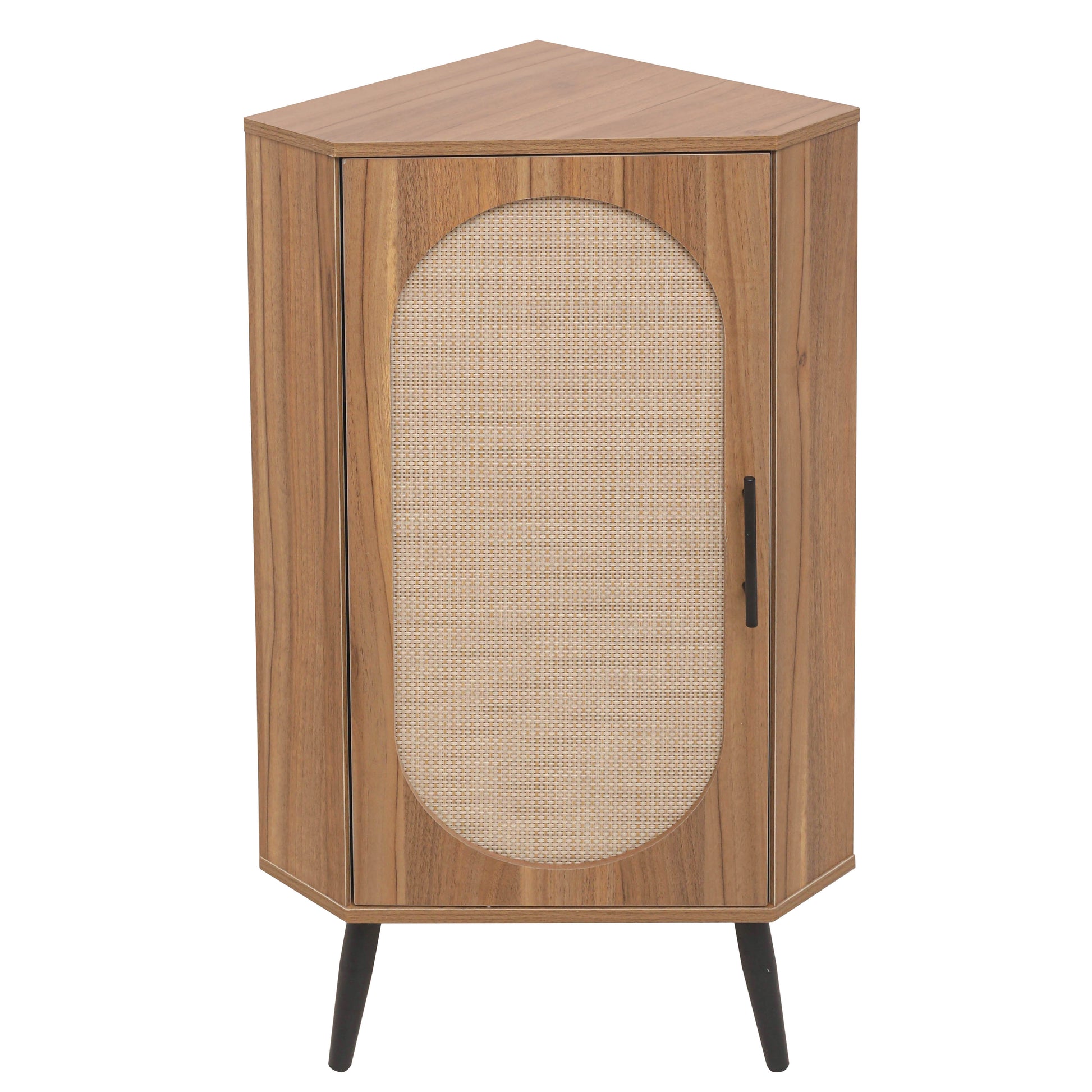 Midcentury modern corner cabinet with rattan inlay door and tapered legs