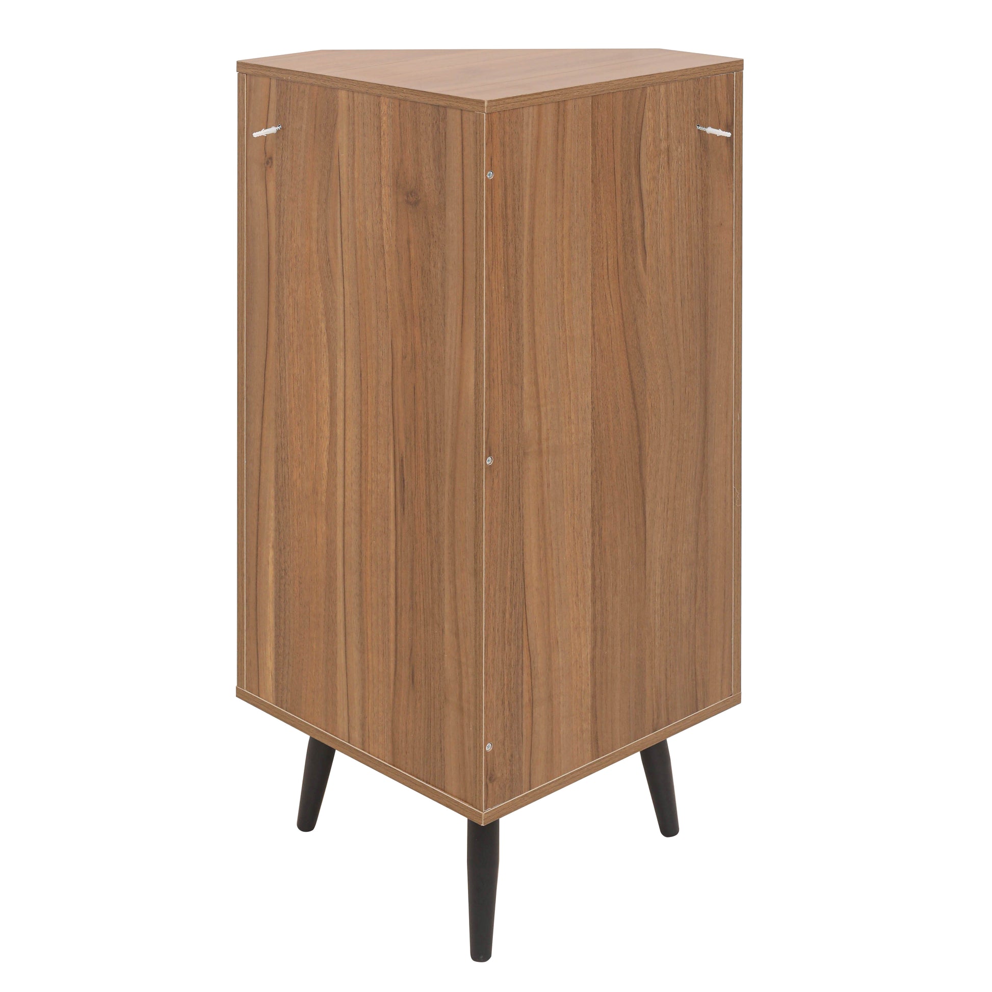 Corner accent cabinet with rich wood grain finish and tapered legs