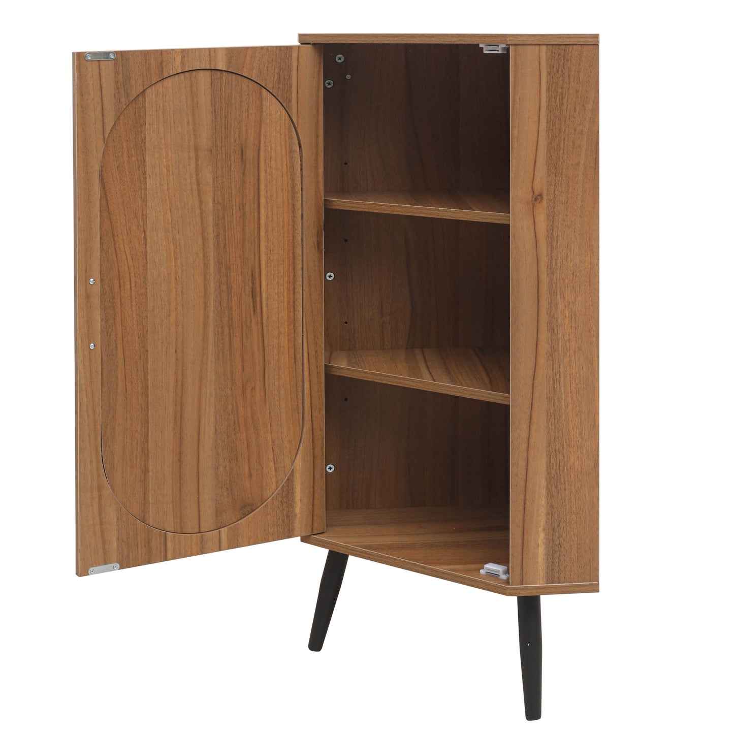 Walnut veneer cabinet with oval door detail and three adjustable shelves