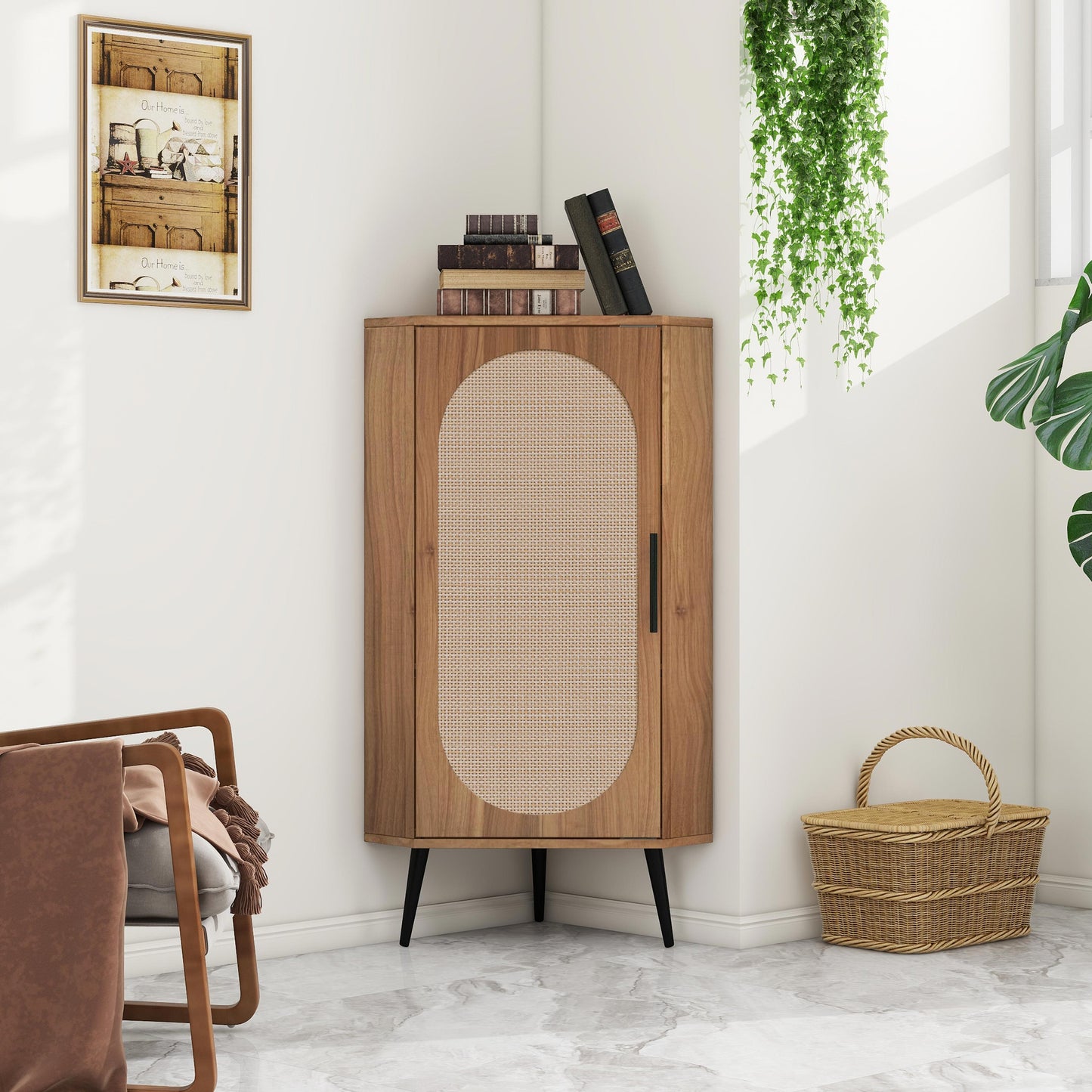 Natural wood corner cabinet with rattan oval inlay and black legs