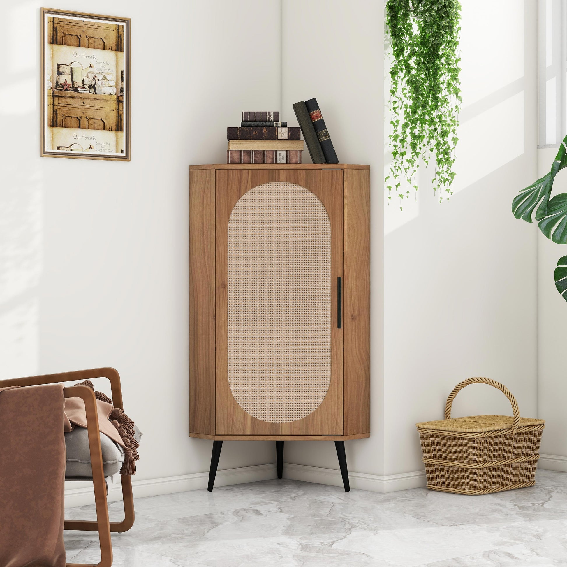 Natural wood corner cabinet with rattan oval inlay and black legs