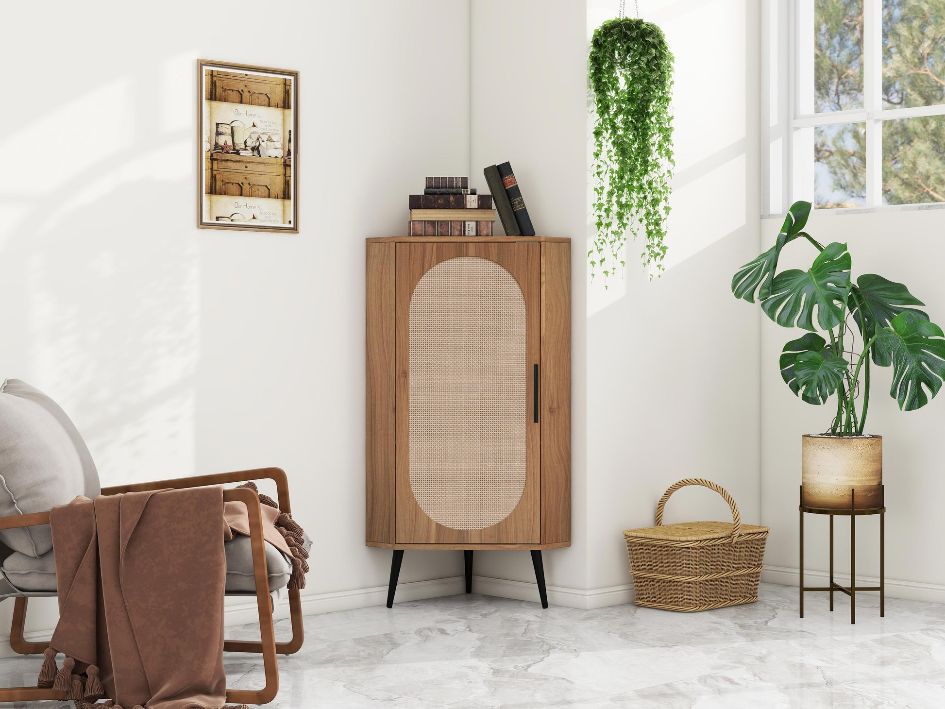 Wooden corner cabinet with cane door