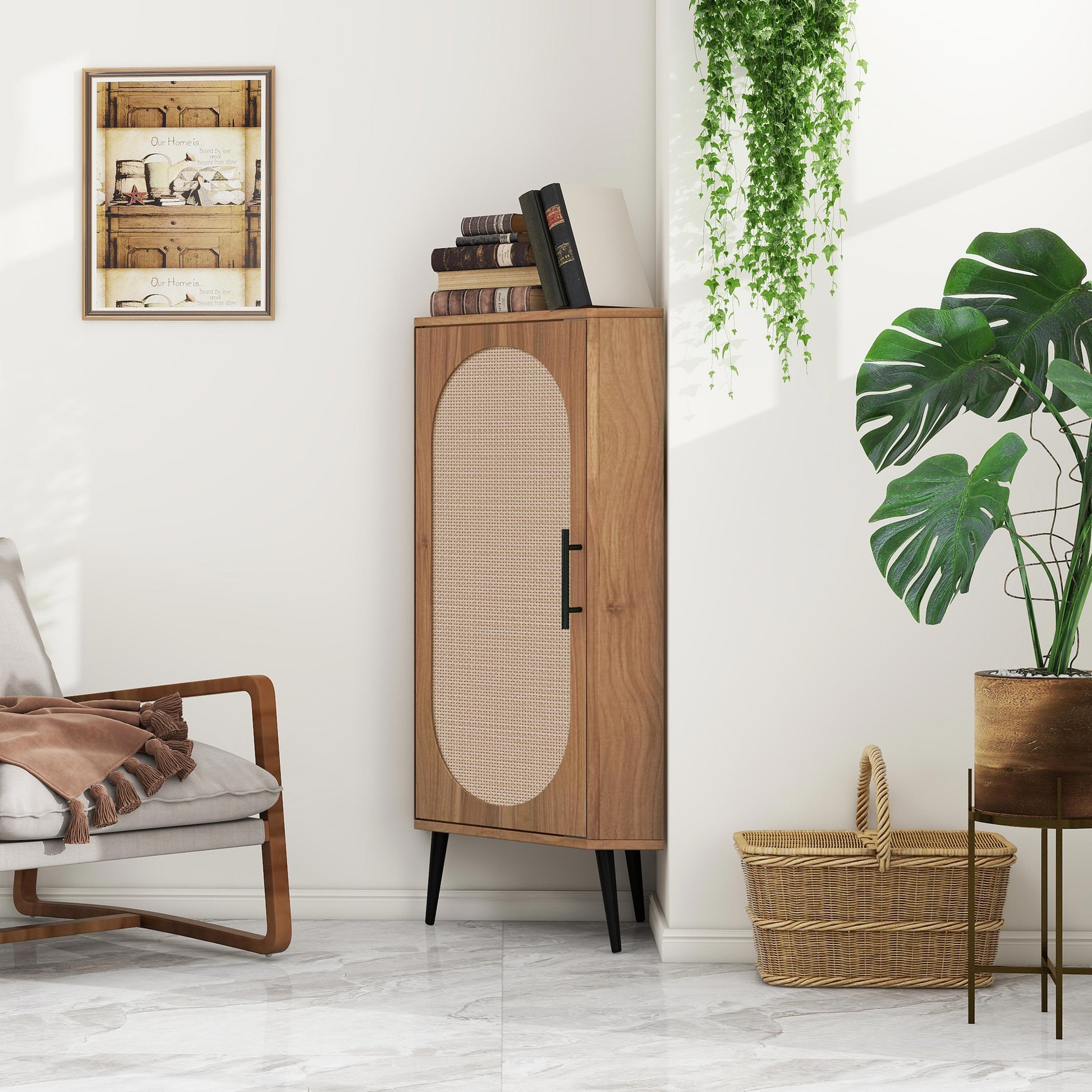 Natural wood accent cabinet with woven rattan door panel and black legs