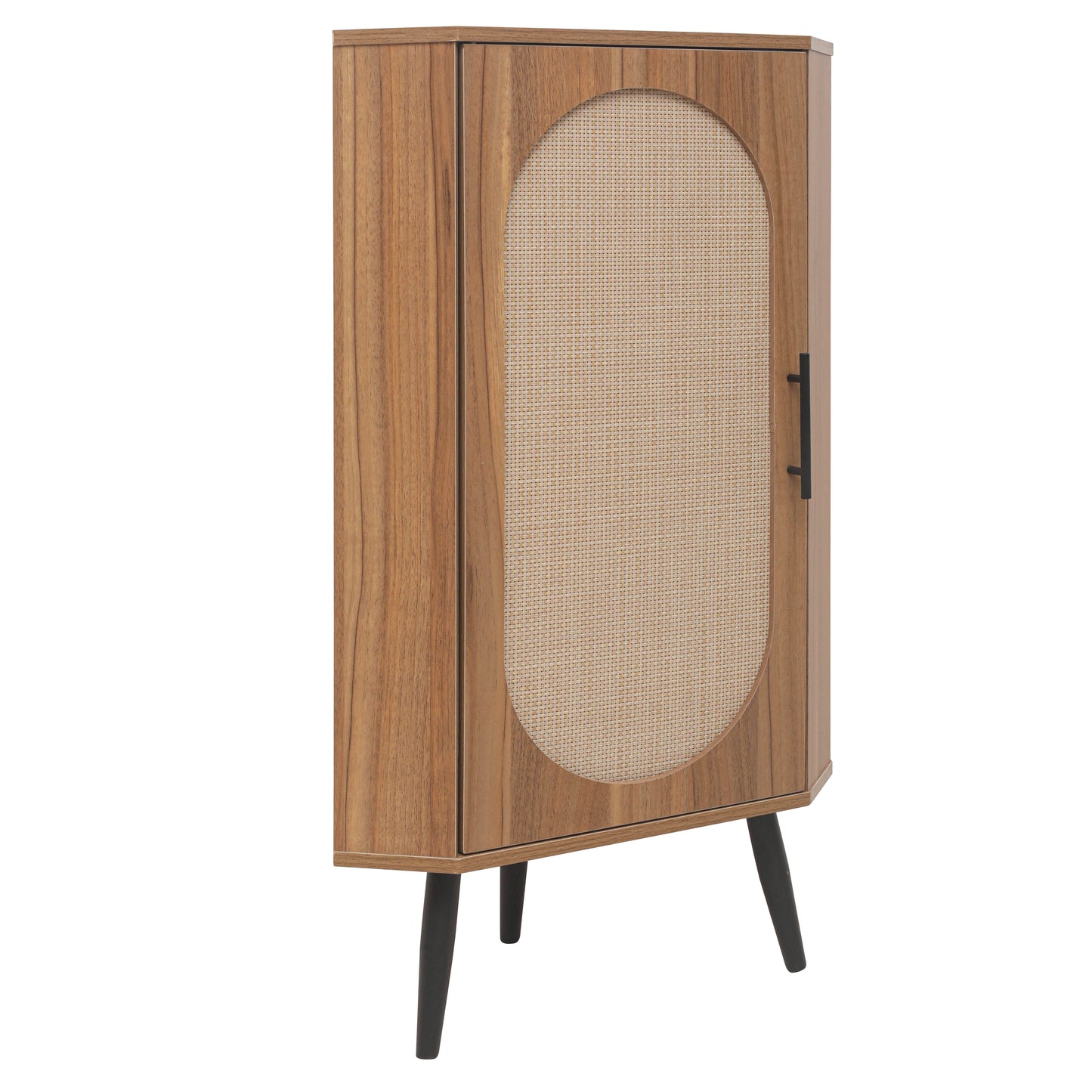 Midcentury modern corner cabinet with wood grain finish and cane door insert