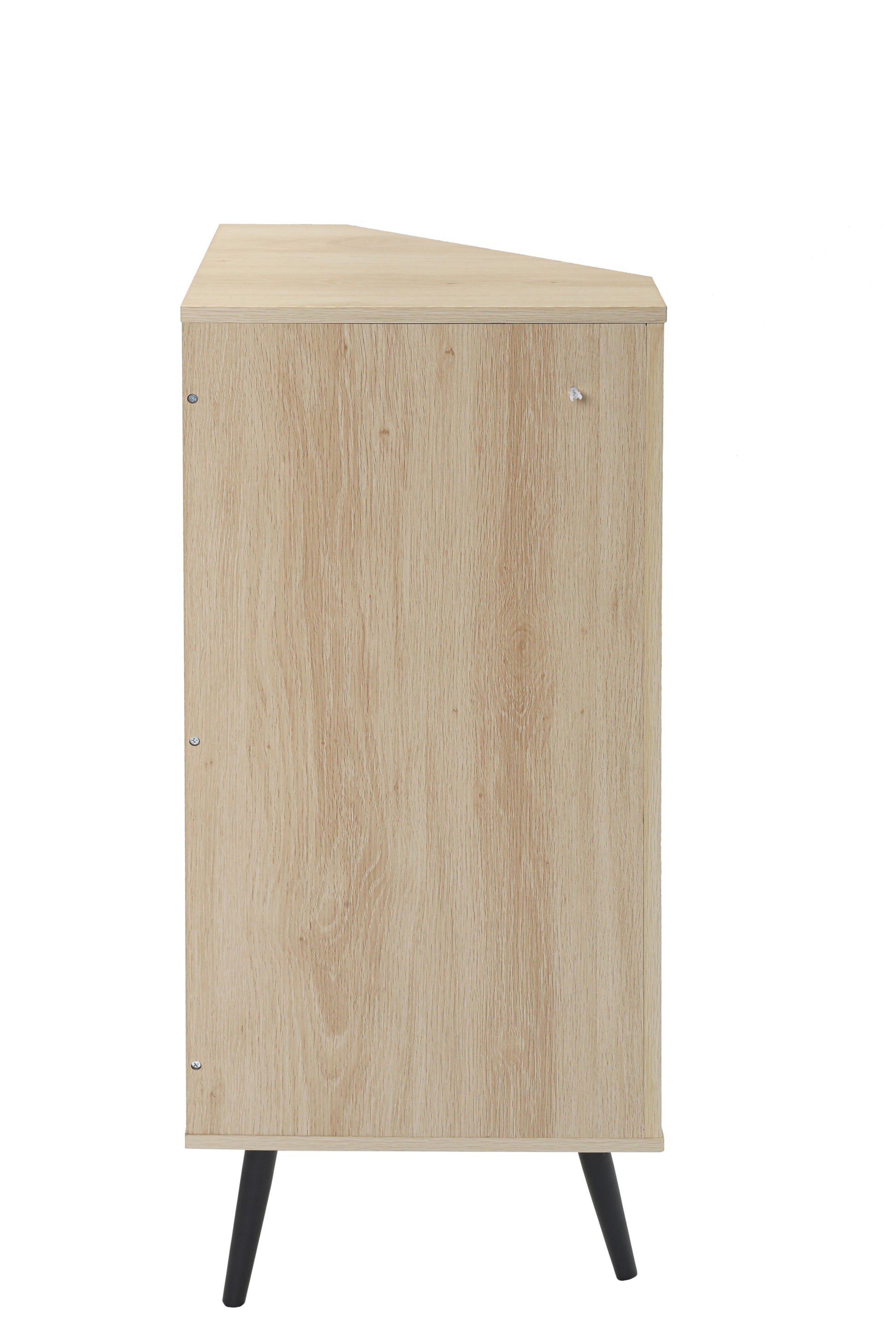 Light oak corner cabinet with black tapered legs