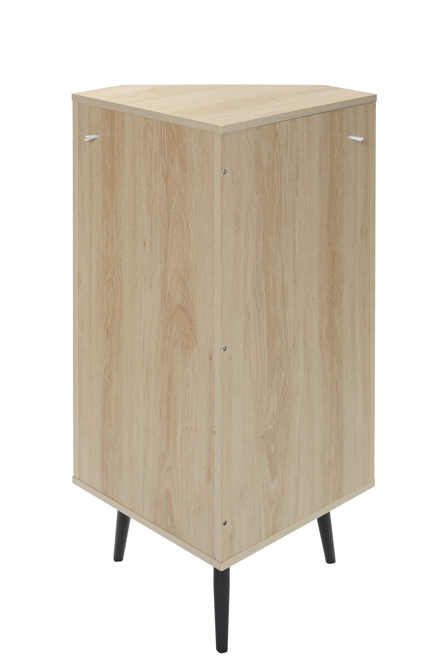 Light oak corner cabinet with black tapered legs