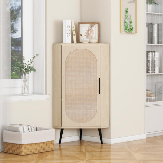 Light wood corner cabinet with woven cane door panel and black legs perfect for small spaces