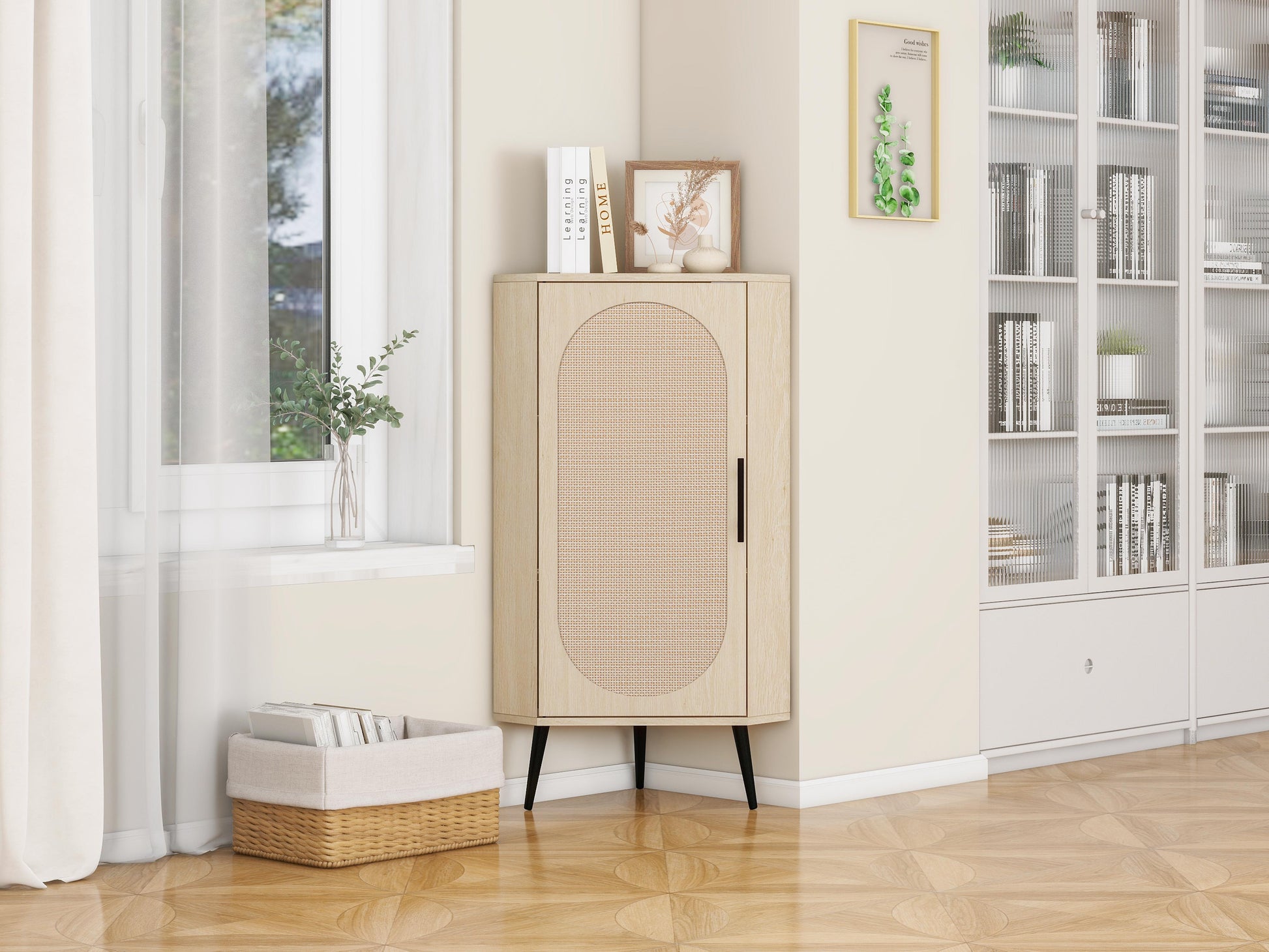 Light wood corner cabinet with woven door and black legs