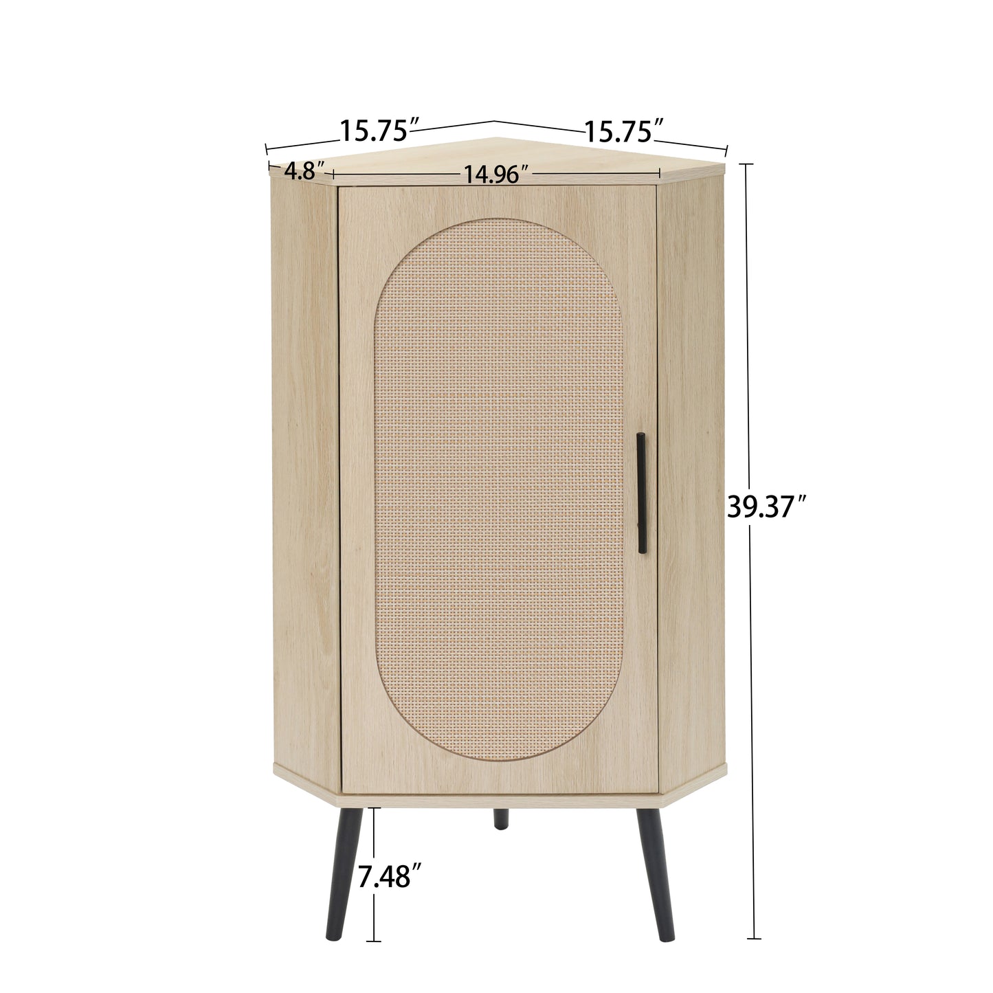 Light oak corner cabinet with woven cane door panel and black legs