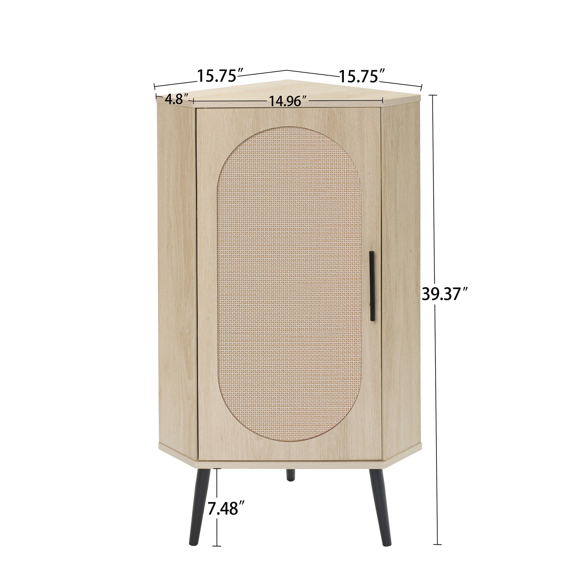 Light oak corner cabinet with woven cane door panel and black legs