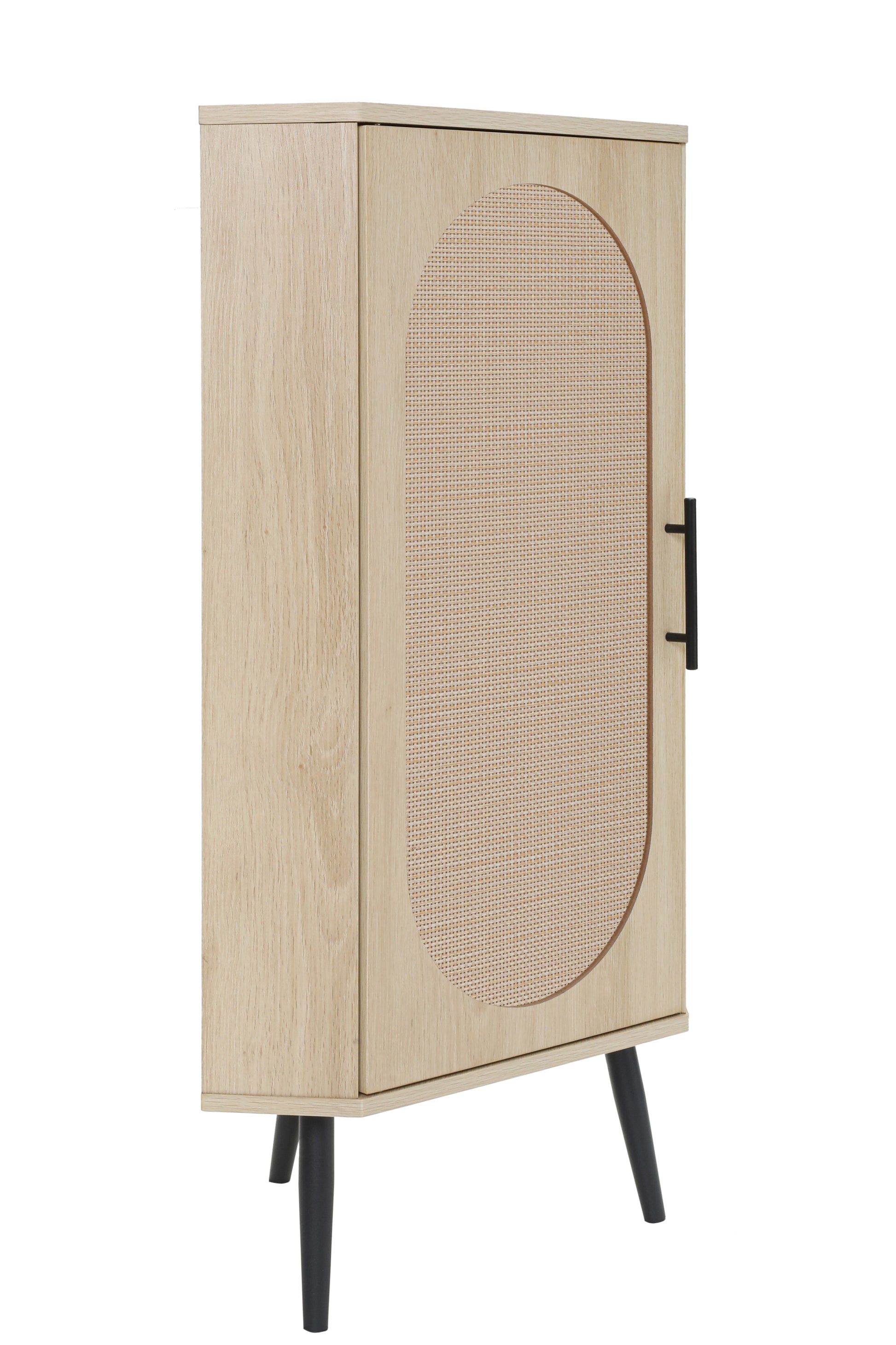 Light wood cabinet with cane door panel and black legs