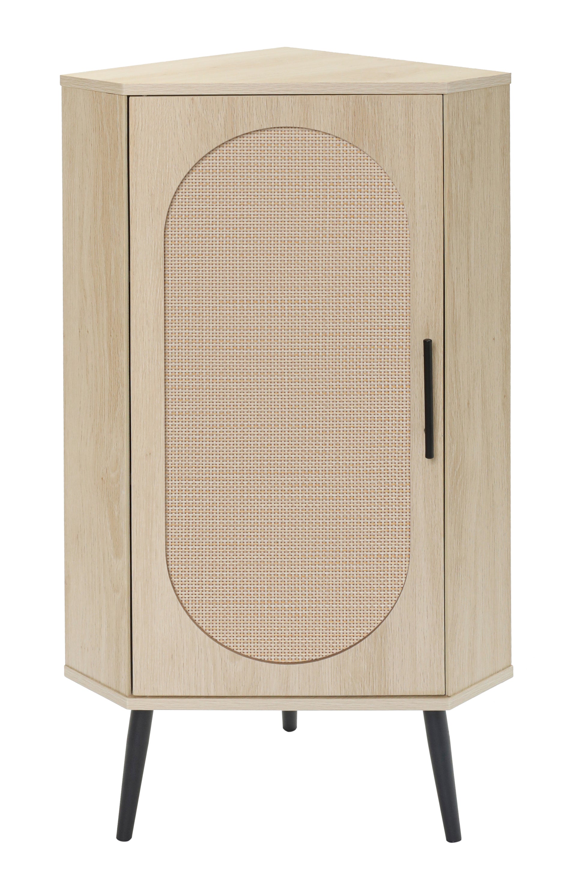 Light oak corner cabinet with canestyle oval door panel and black legs