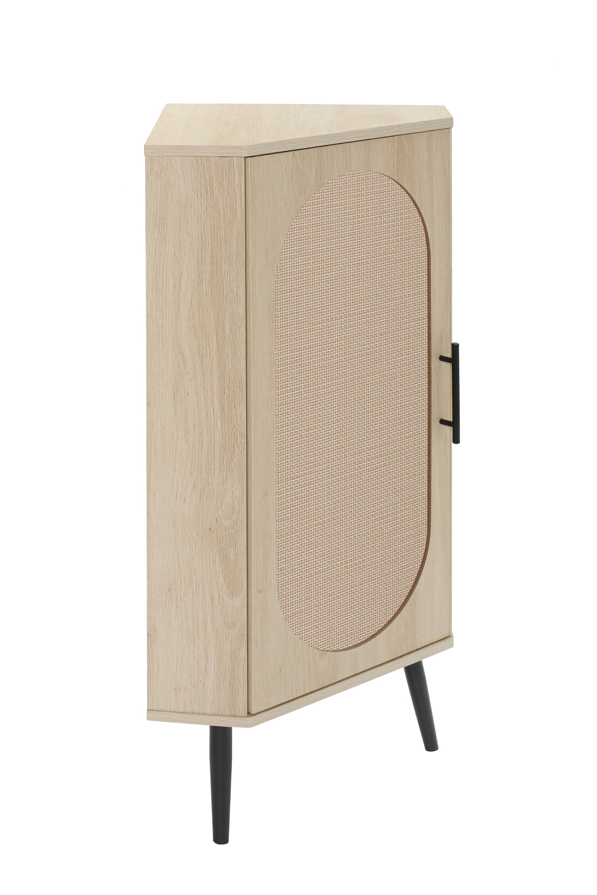 Light oak corner cabinet with rattan door and black handle