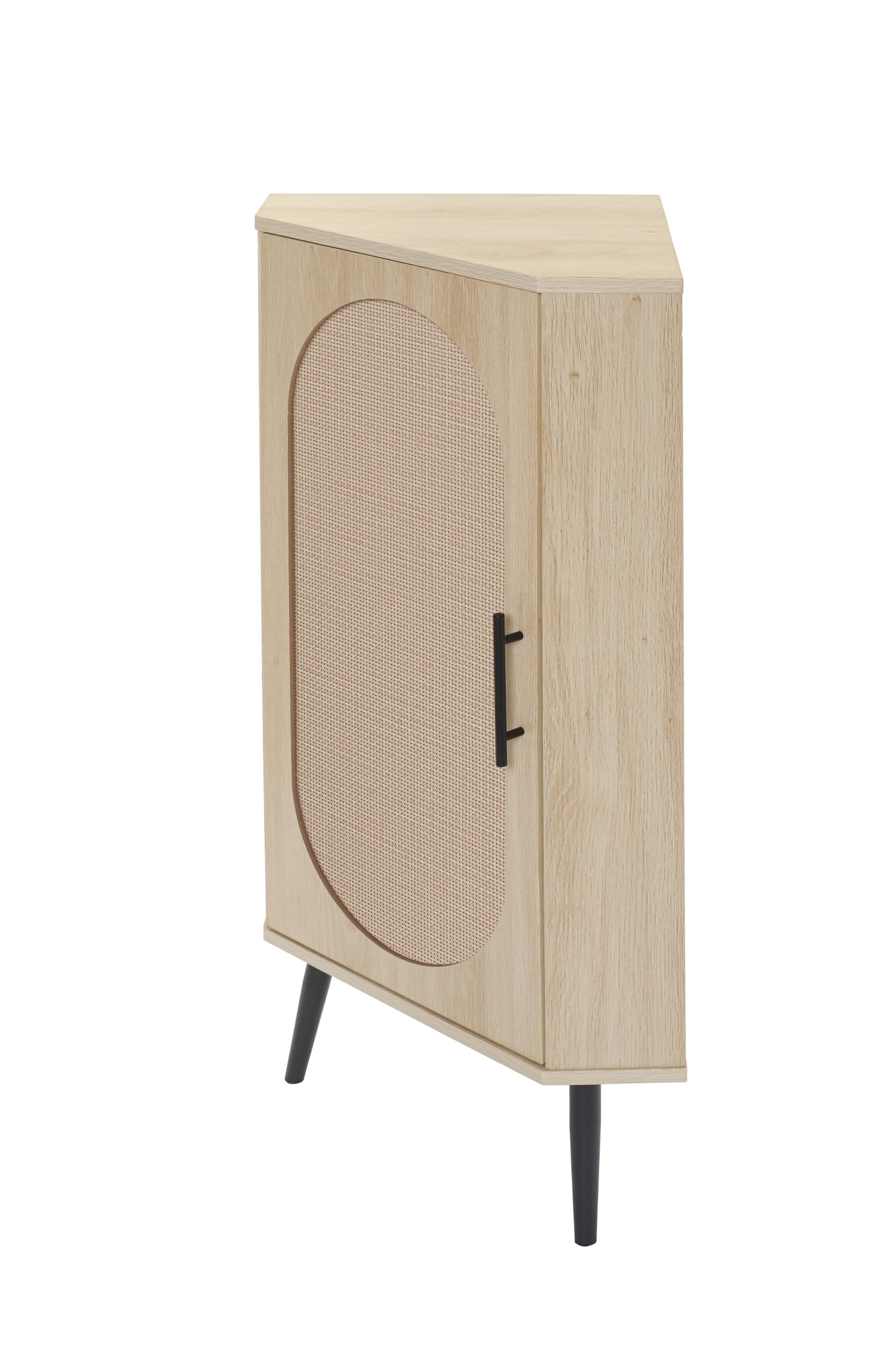 Light wood corner cabinet with cane door and black legs