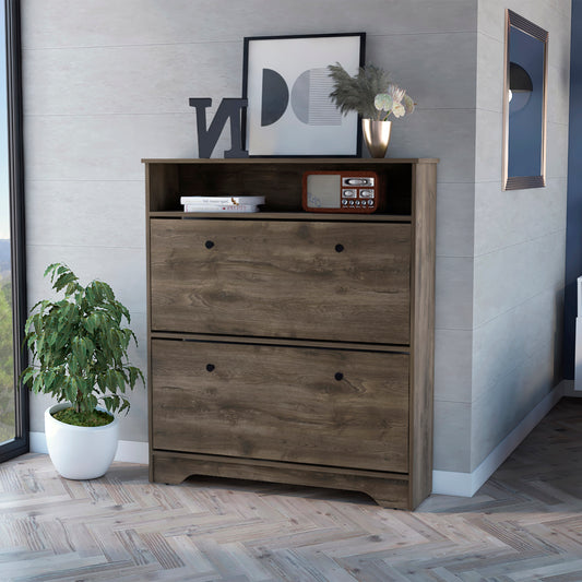 Twodoor rustic brown wood shoe cabinet with black knobs and open shelf