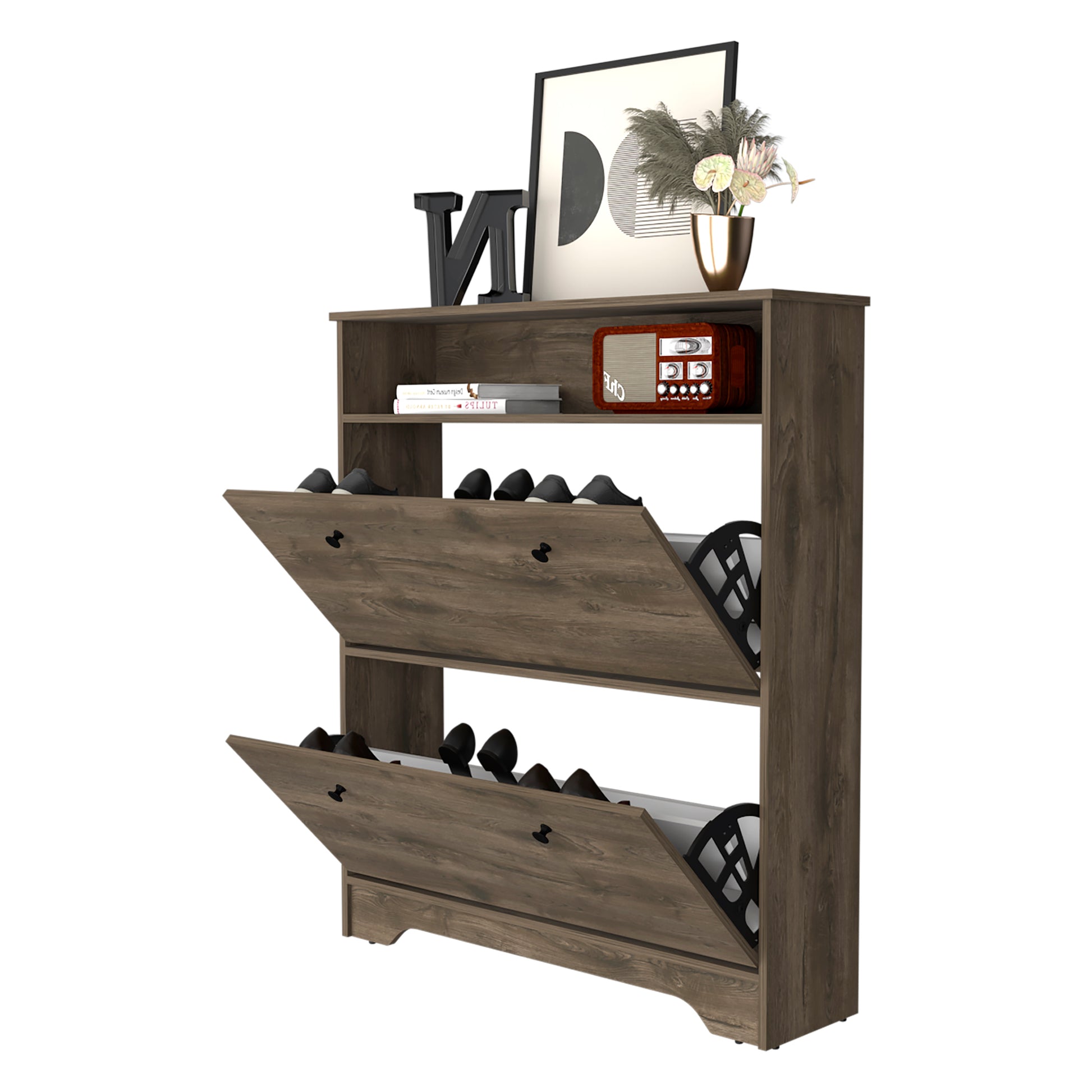 Compact wood veneer shoe cabinet with two flipdown drawers