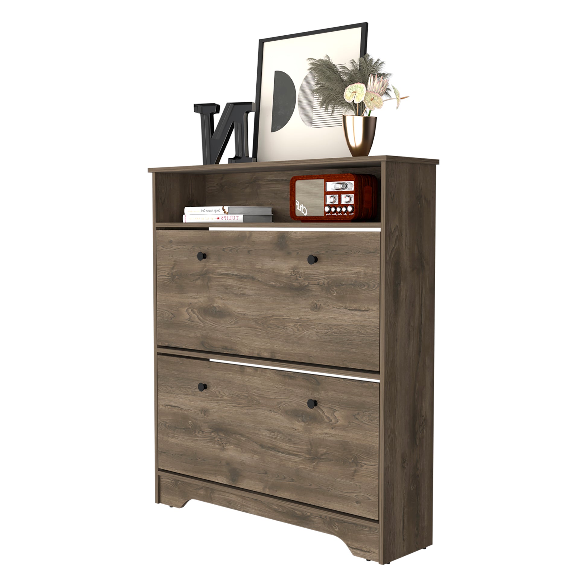 Rustic wood entryway shoe cabinet with two flipout doors and open shelf