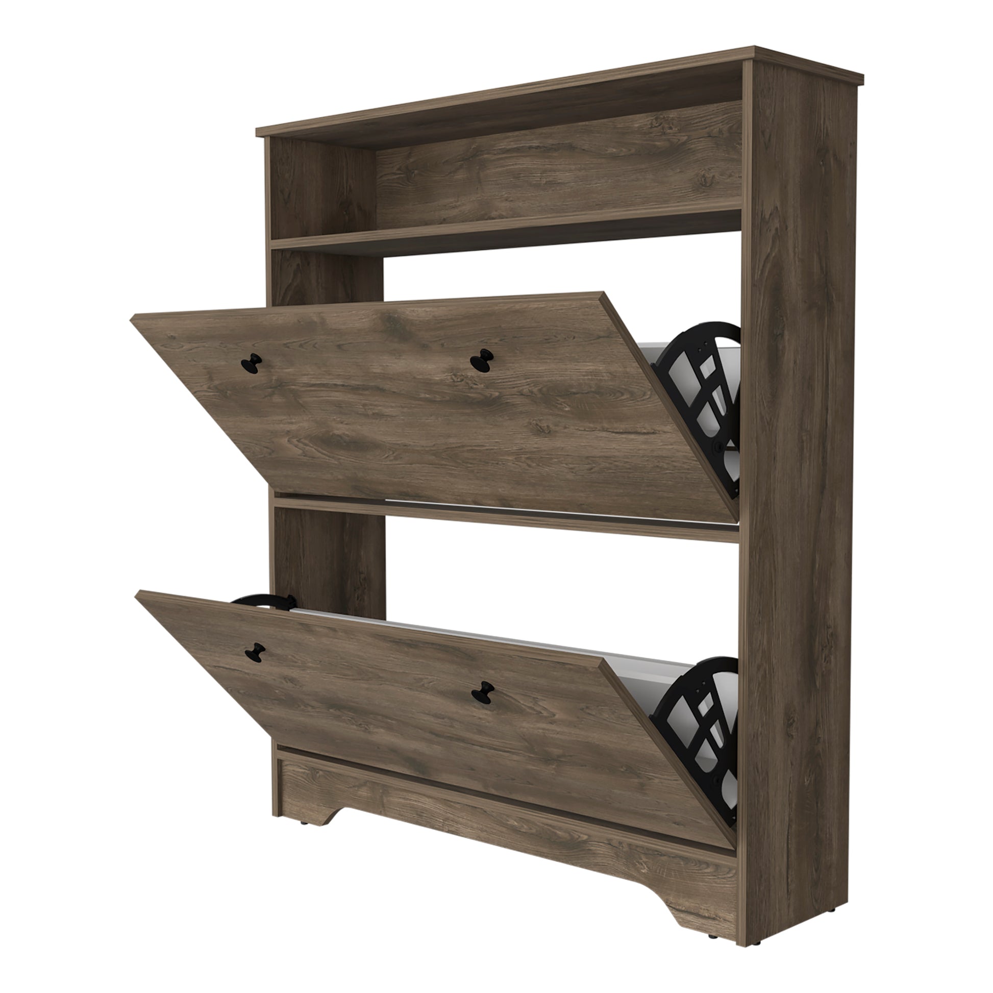 Modern brown wood shoe cabinet with two tiltout drawers