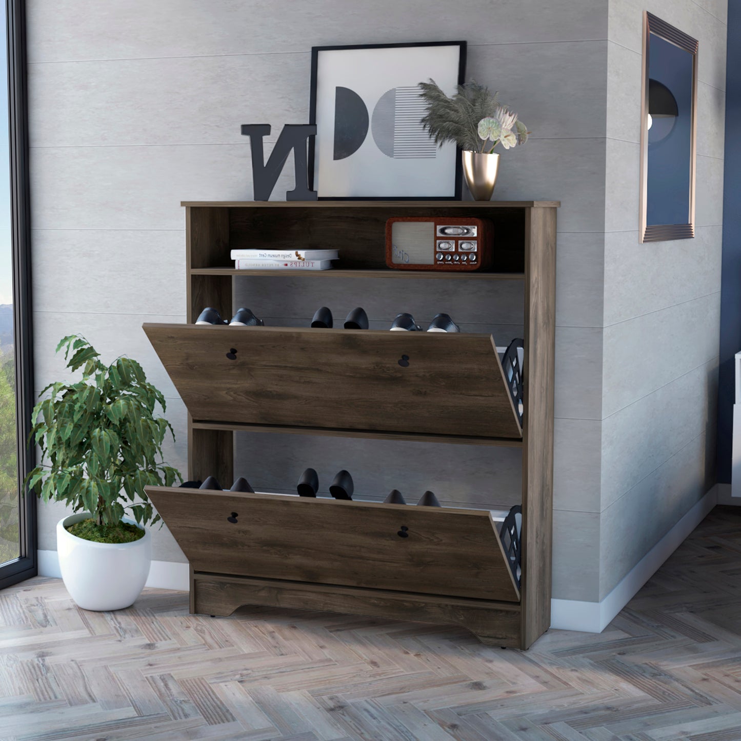 Rustic dark wood shoe cabinet with two flipdown drawers holding black shoes
