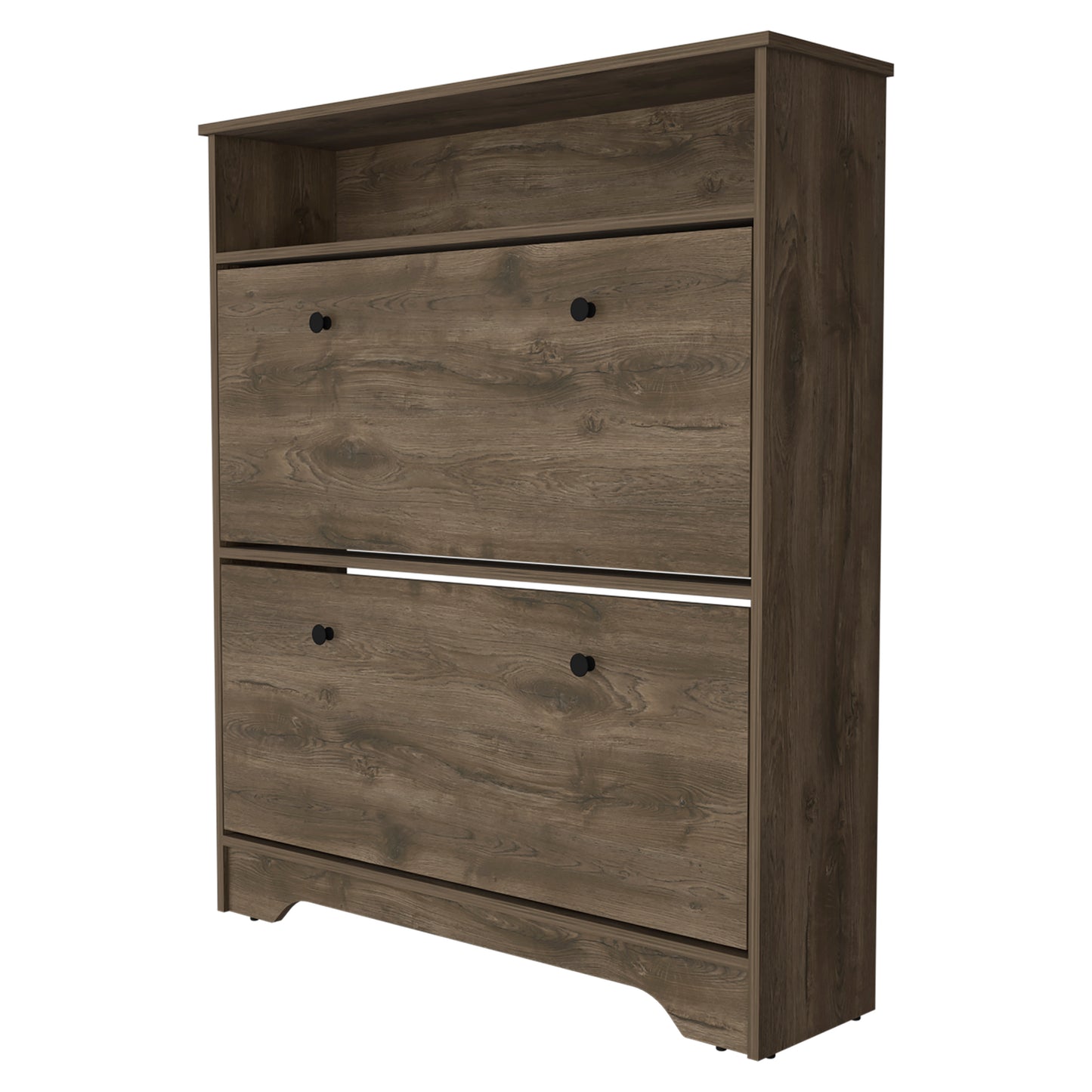 Rustic oak veneer shoe cabinet with two flipout drawers and open shelf