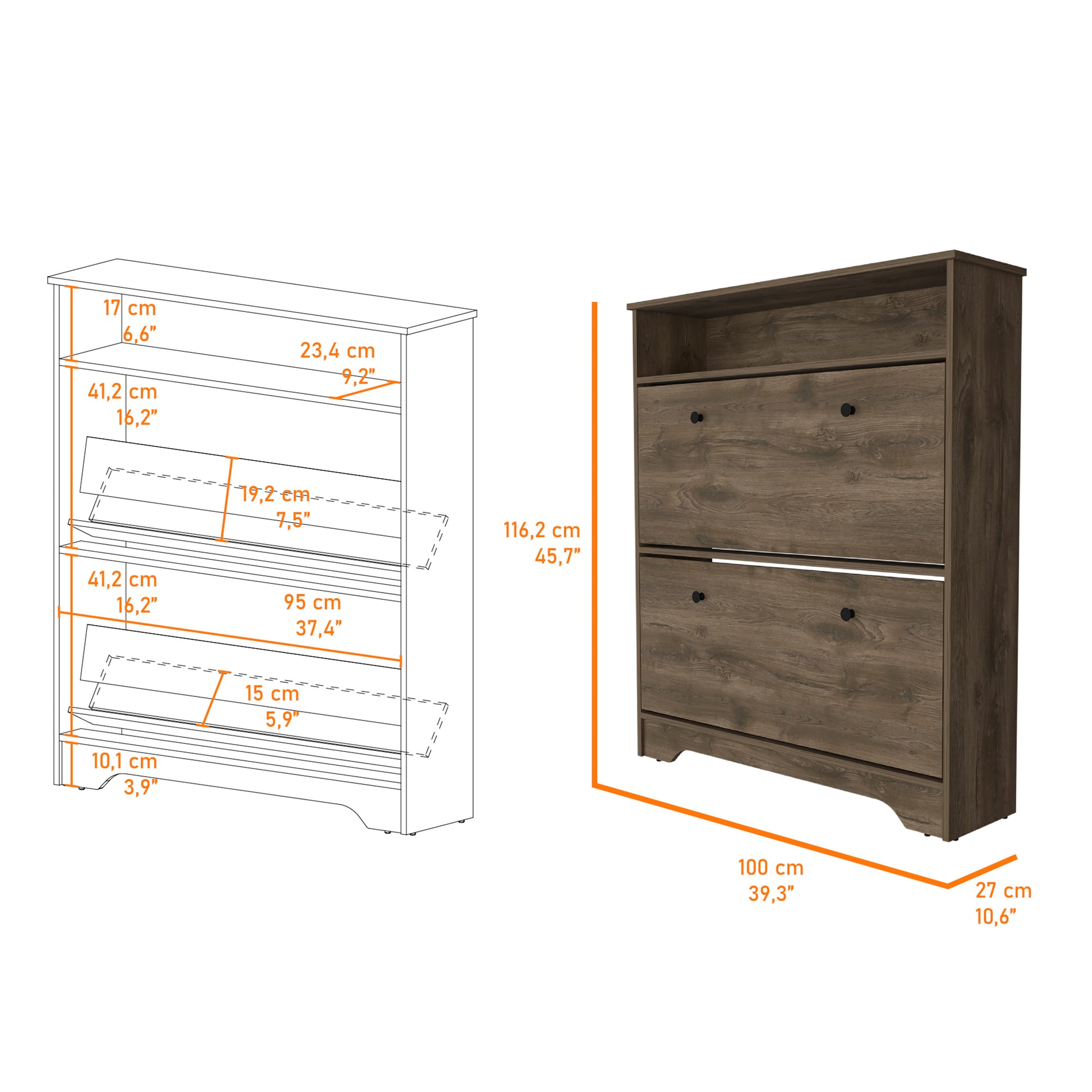 Rustic brown wood shoe cabinet with two flipout drawers