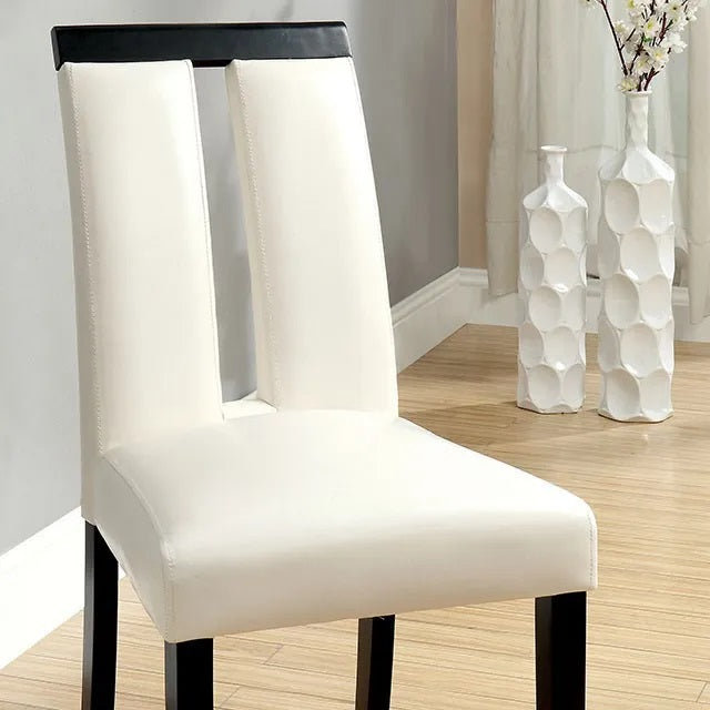 White faux leather dining chair with split back and dark wood legs