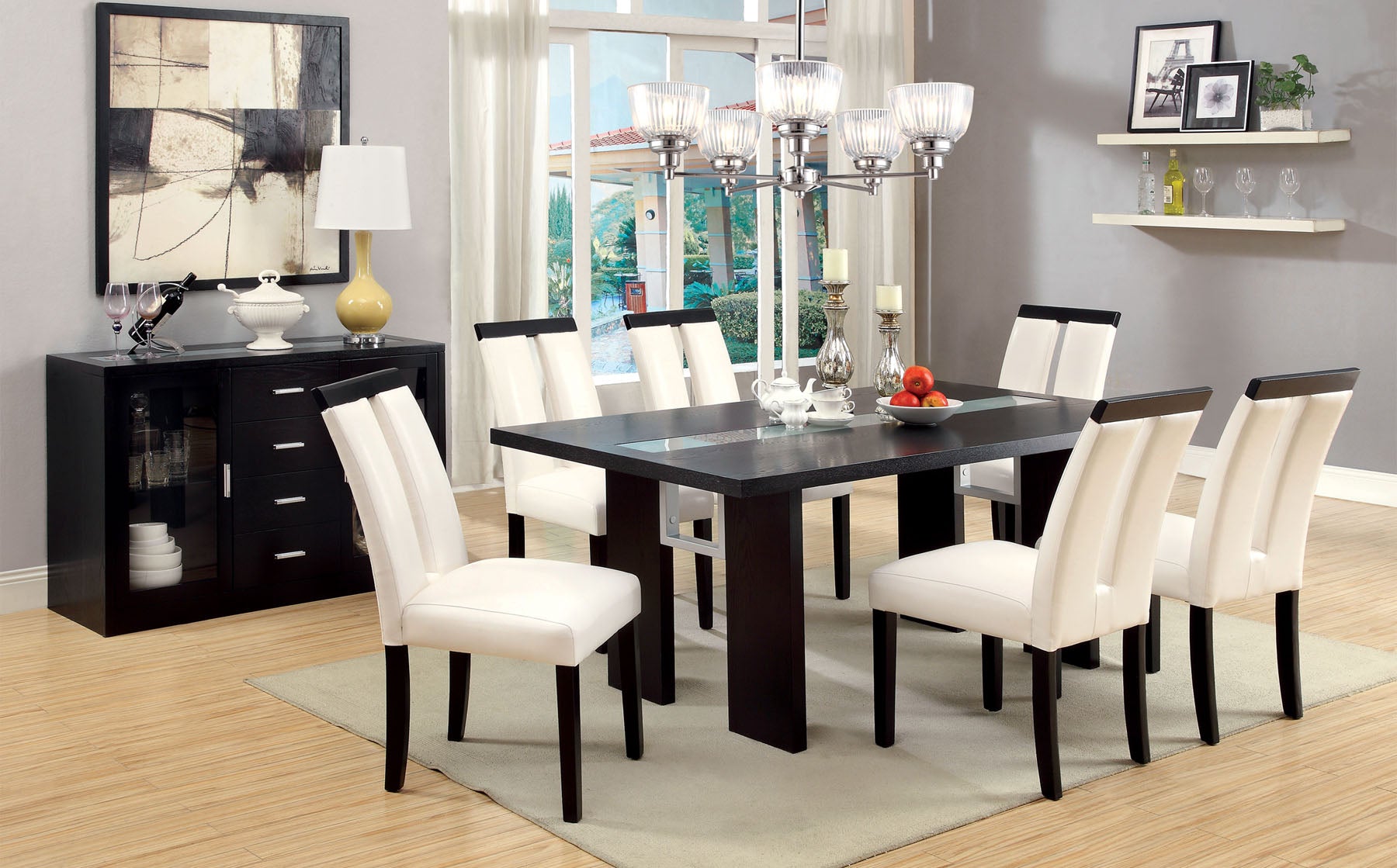 Dark wood dining table with white upholstered chairs