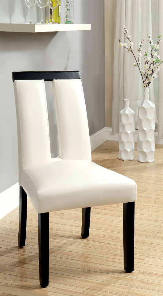 Cream upholstered dining chair with black wood legs and a modern design